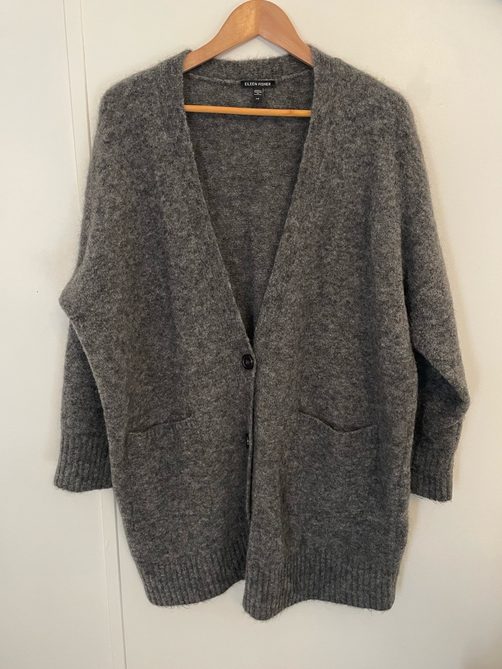 Eileen Fisher Dark Gray Mohair Plush Melange V-Neck Cardigan Sweater L Oversized
